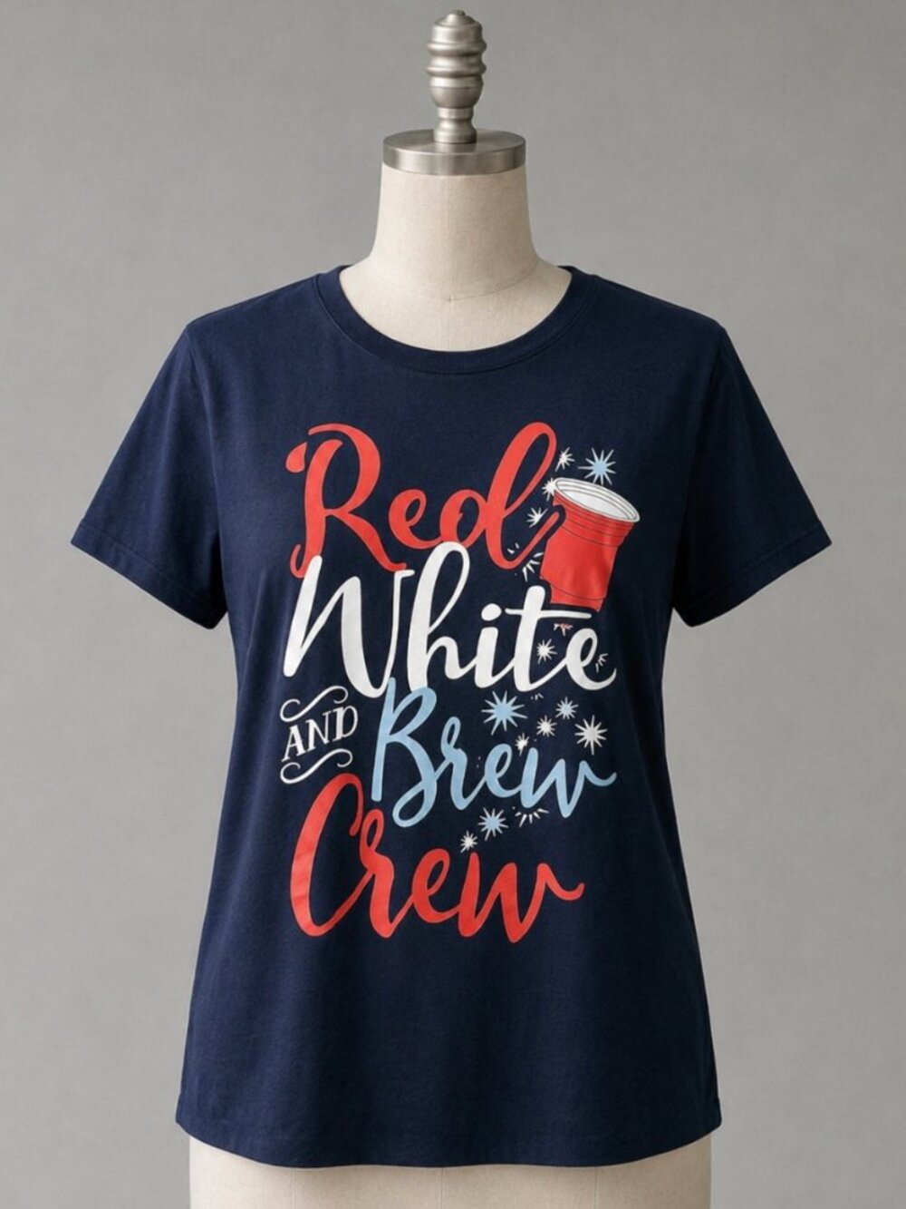 Navy Patriotic Red White & Brew Crew Drinking T-Shirt | Ladies L